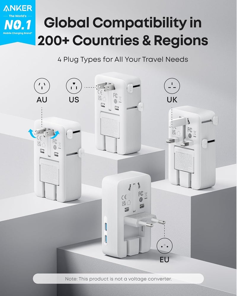 Anker Nano Travel Adapter, 5-Port Power Adapter with 1 AC, 2 USB-A, and 2 USB-C Ports, Smart Temperature Control, Compatible with Over 200 Countries, Not a Voltage Converter, Ideal for Travel (1-Pack) - Image 2
